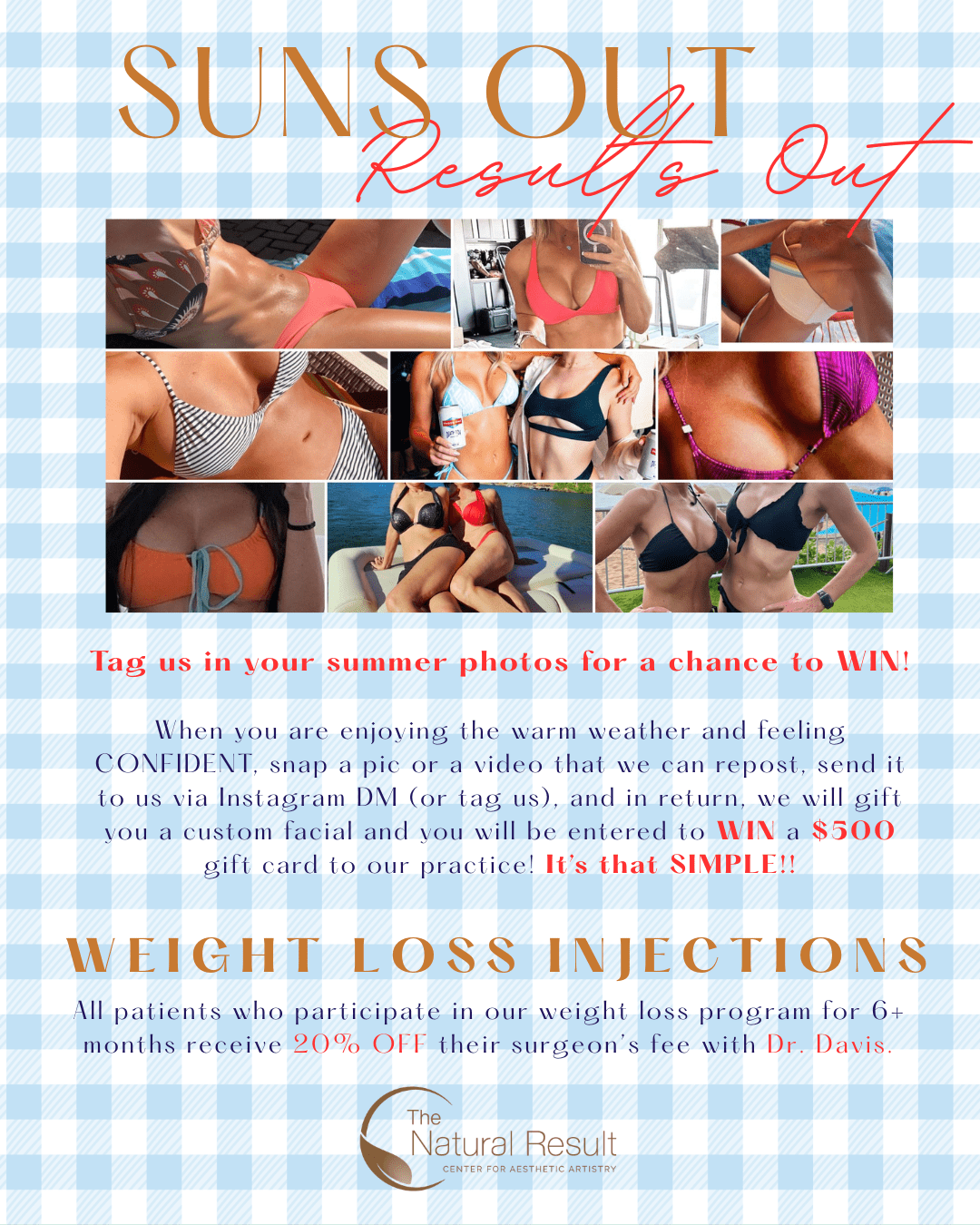 Summer Contest Promotional poster with a blue-and-white gingham background, a bikini collage, and red/orange text about a summer weight-loss incentive.