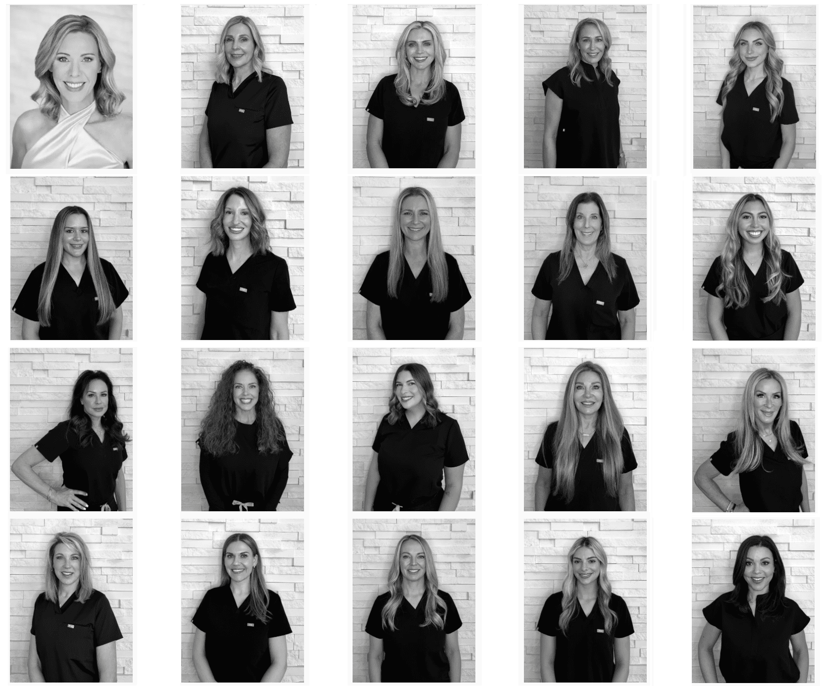 Grid of smiling female staff headshots in black scrubs against a light brick wall, forming a team collage.
