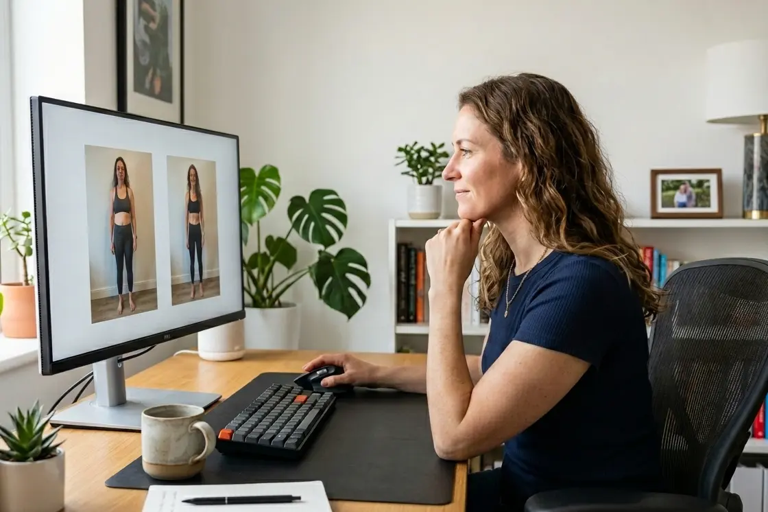 woman viewing before and after cosmetic surgery photos on a computer
