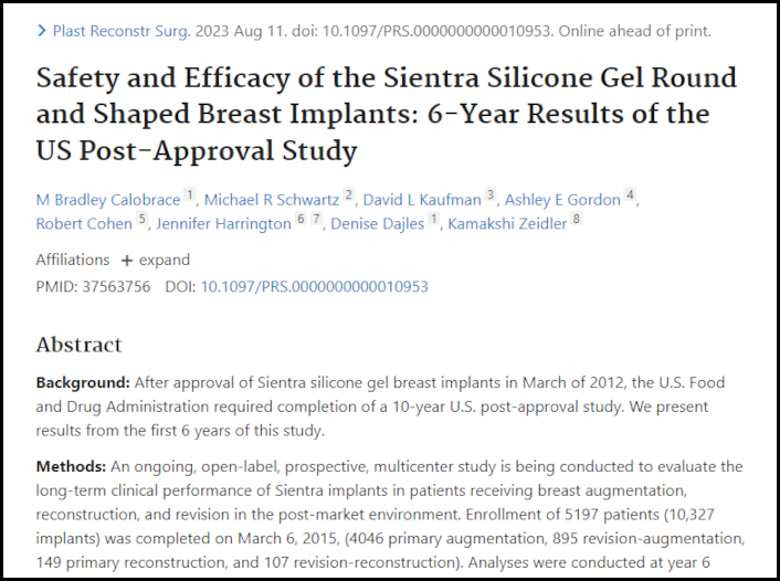 Safety and Efficacy of the Sientra Silicone Gel Round and Shaped Breast Implants