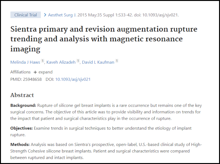 Sientra primary and revision augmentation rupture trending and analysis